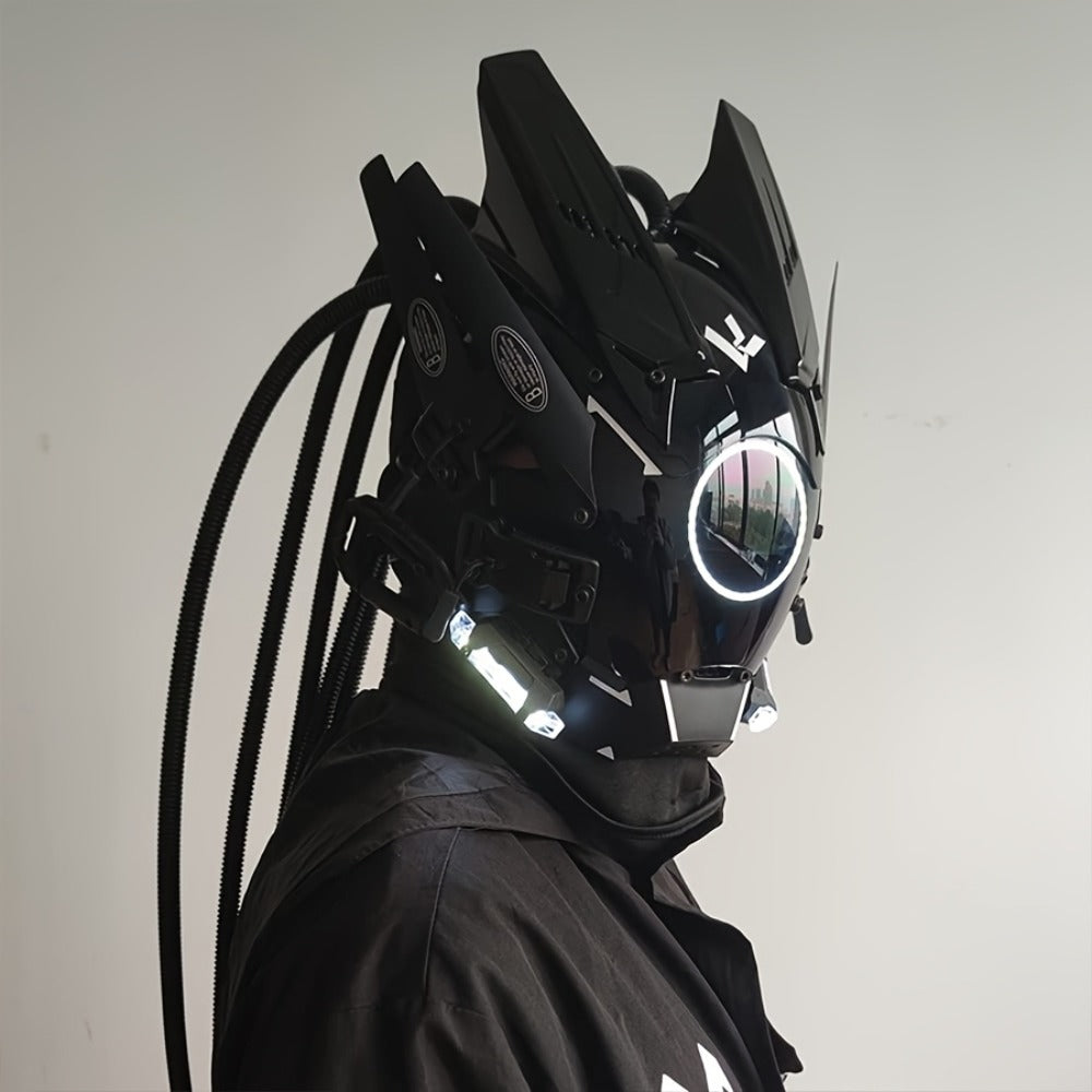 LED Cyberpunk Samurai Mask with Braids, Futuristic Sci-Fi Mechanical Face Mask for Halloween, Cosplay