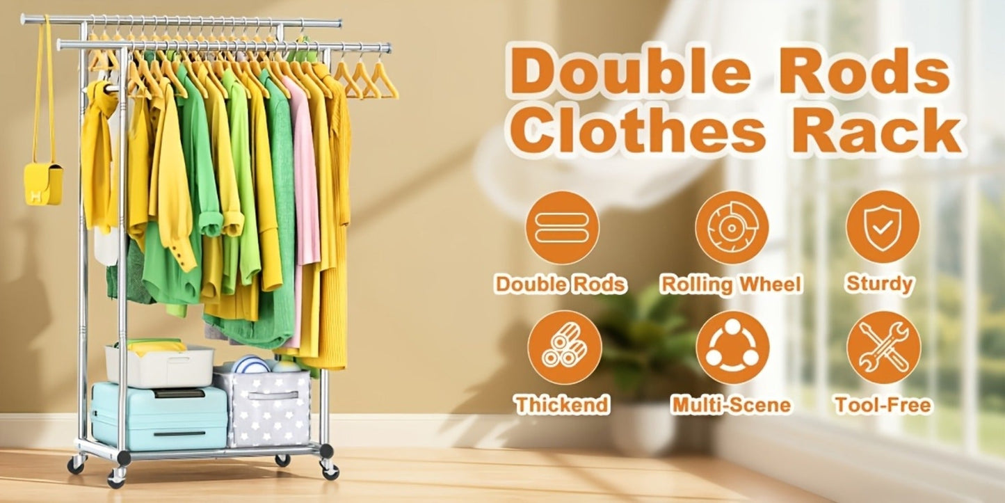 Portable Clothes Rack with Wheels, Double Rod Garment Rack with Shelves & Hooks, Metal Rolling Clothing Rack for Hanging Clothes