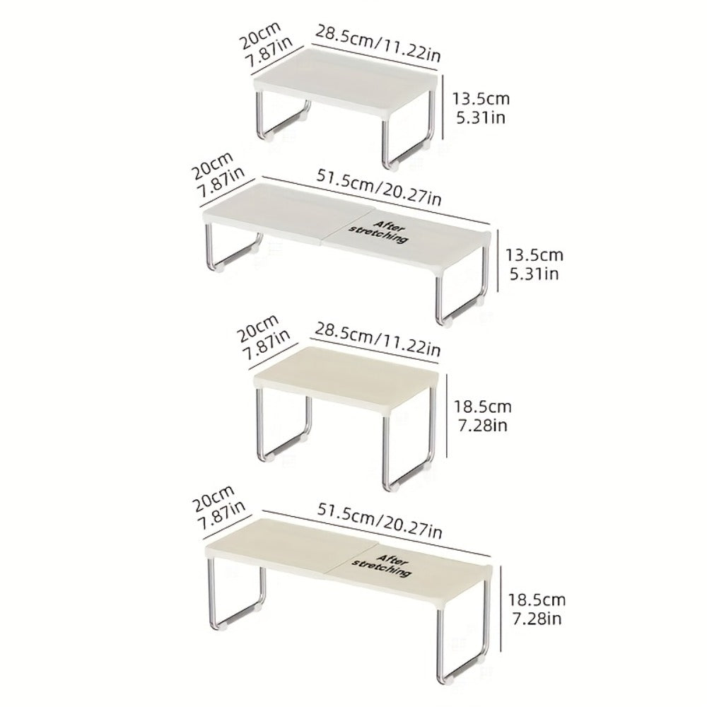 Expandable Countertop Shelf Riser with Short Legs, White or Cream Finish and 11.2- to 20.3-Inch Width