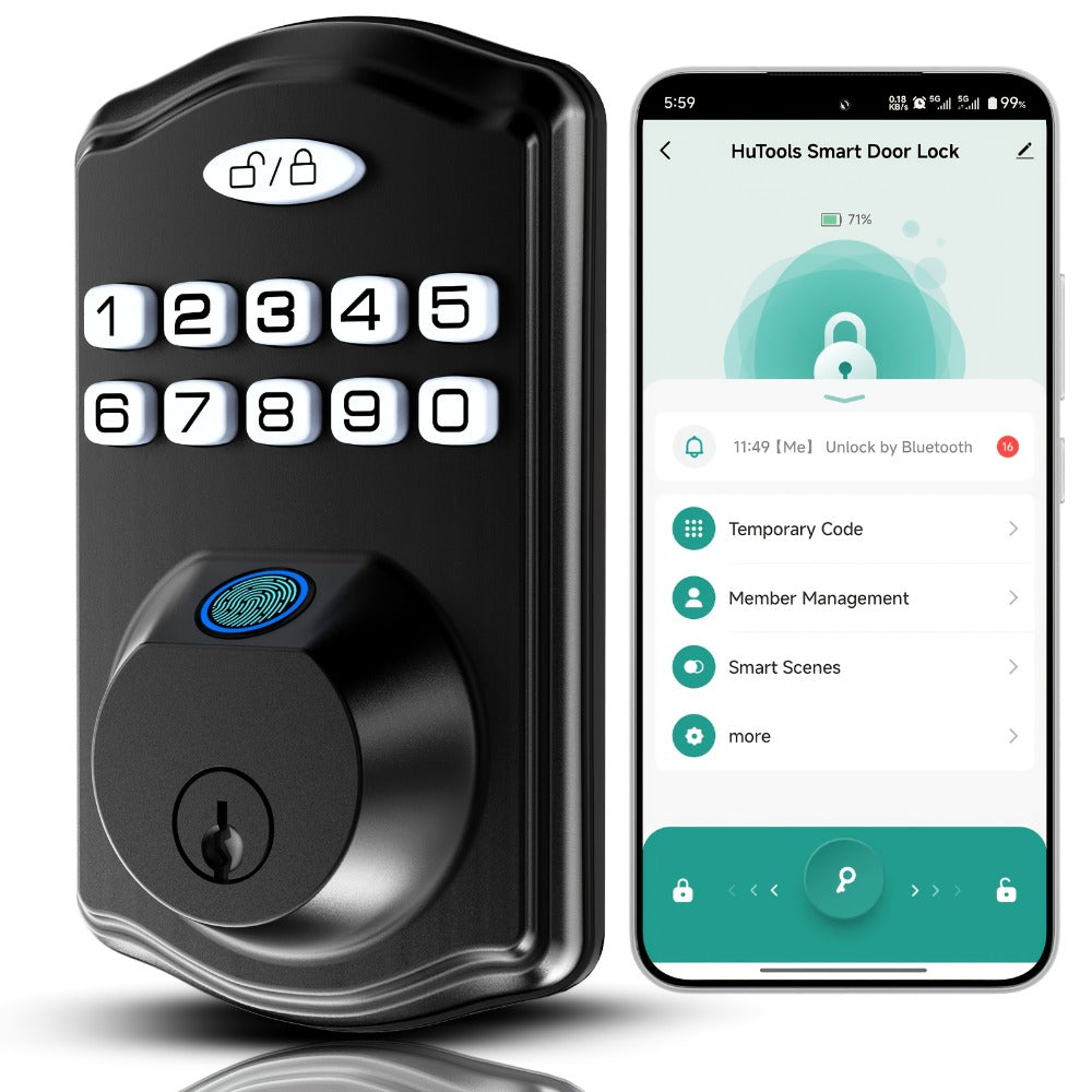 Smart Door Lock Deadbolt with Fingerprint Keypad App and Key Access in Black or Silver Options