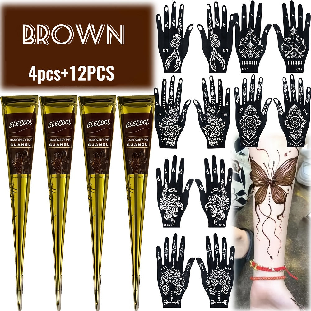 Temporary Semi-Permanent Tattoo Paste Kit - Body Art Gel in Brown & Black with Tattoo Templates