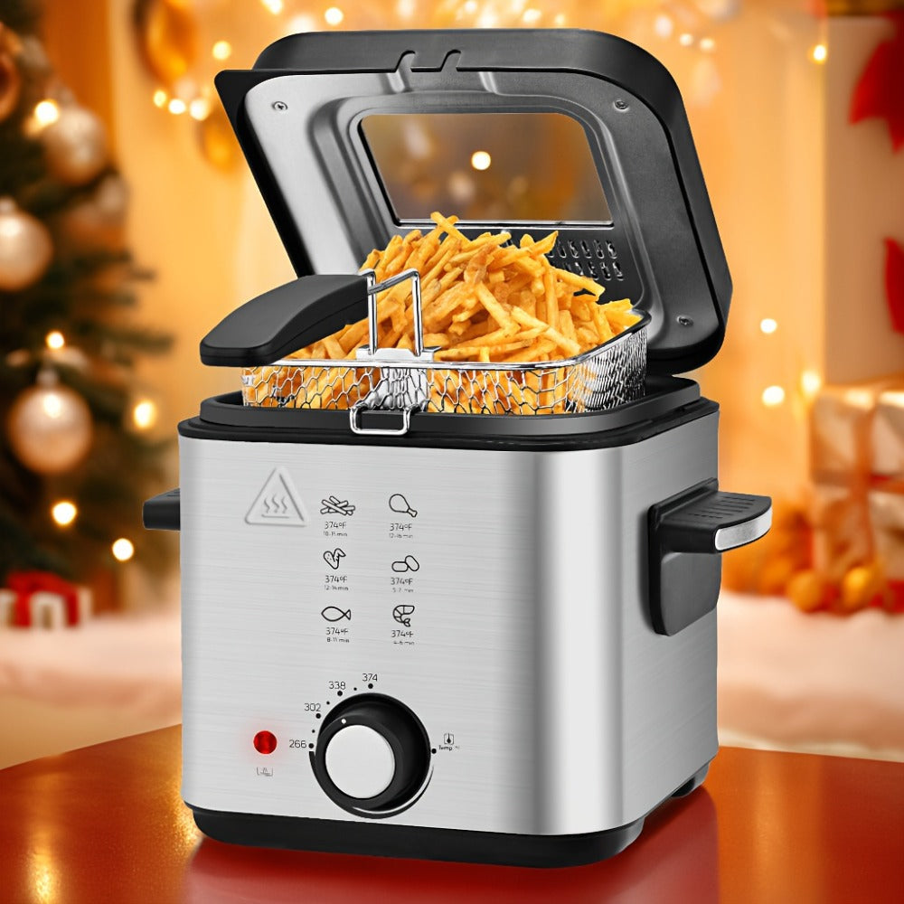 1500W Black Deep Fryer with 1.5L or 2.5L Capacity, Windowed Removable Lid and Temperature Dial