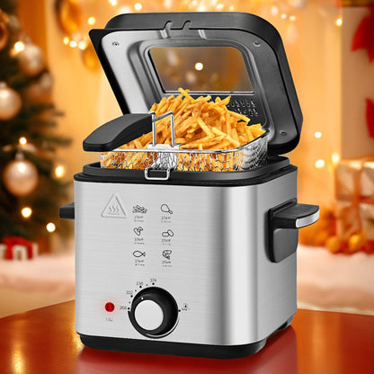 1500W Black Deep Fryer with 1.5L or 2.5L Capacity, Windowed Removable Lid and Temperature Dial