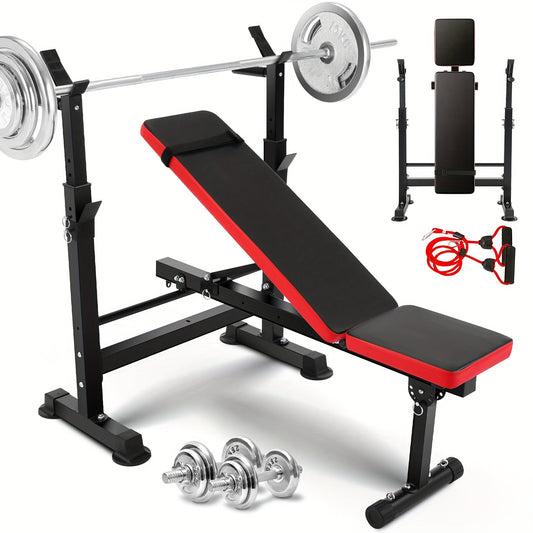 Adjustable Weight Bench Set with Squat Rack, Foldable Workout Bench Press with Leg Developer & Preacher Curl Pad