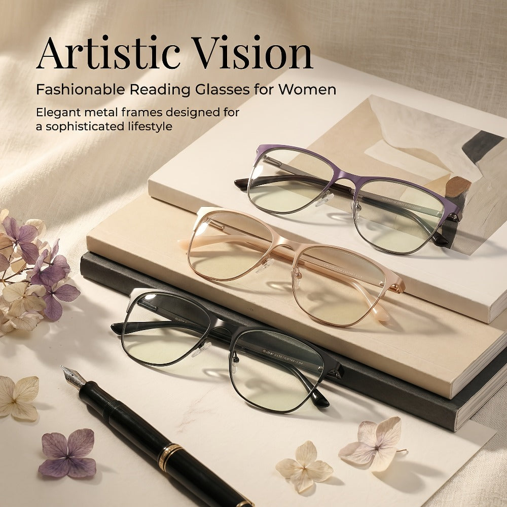 Reading Glasses – Three-Pair Rectangular Metal Readers with Polycarbonate Lenses with Multiple Strength and Color Options