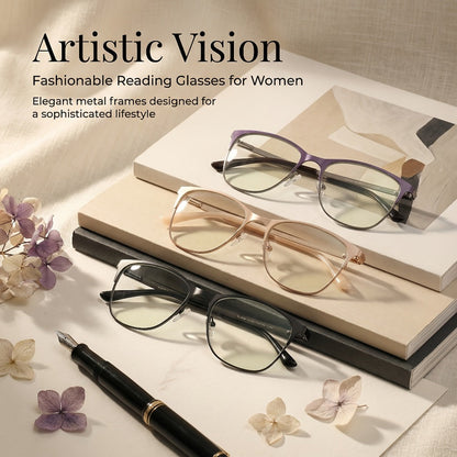 Reading Glasses – Three-Pair Rectangular Metal Readers with Polycarbonate Lenses with Multiple Strength and Color Options