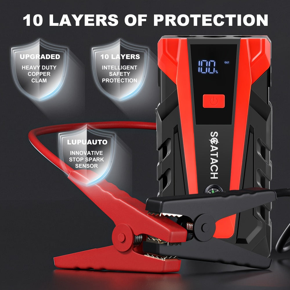 12V Jump Starter with Scatach-011 Base Model or Q27B Start-and-Inflation Package, Digital Display and Clamps