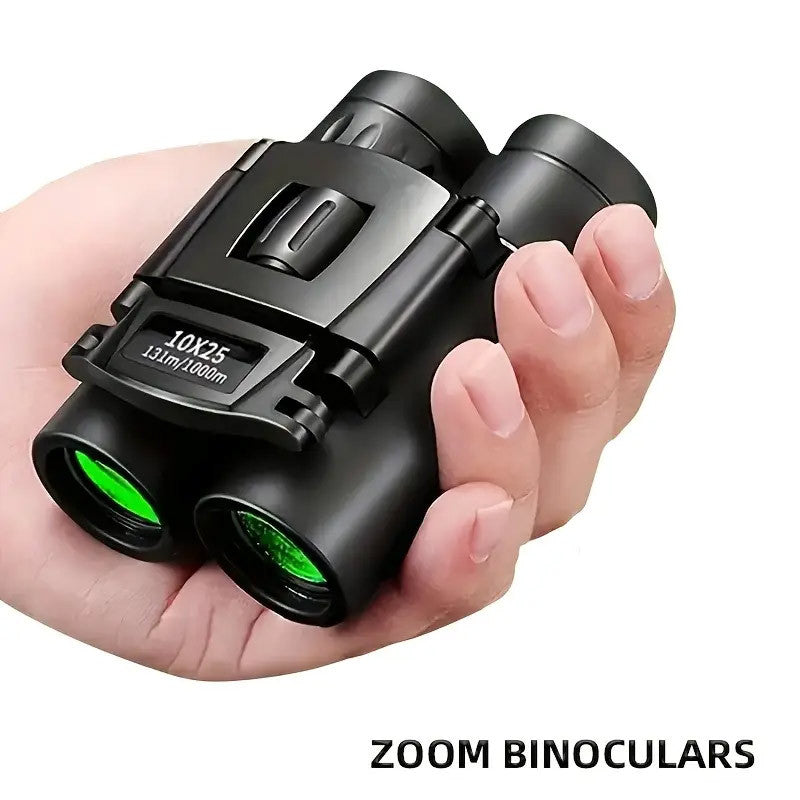 Compact 10x25 Pocket Binoculars with Smartphone Adapter, Center Focus and Folding Body in Black