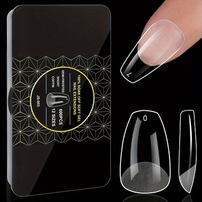 Gel Nail Tips 600 Pieces Clear Crystal Full Cover Nail Extensions – Almond Oval Coffin Stiletto Square Short Medium Long Soft Gel False