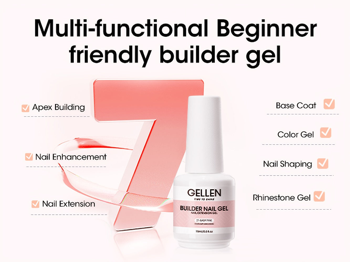 Hard Gel Nail Extension Builder Gel 7-in-1 Self-Leveling – 28+ Day Wear, LED UV Cured, 15ml, Clear Pink Nude Baby Pink Milky White