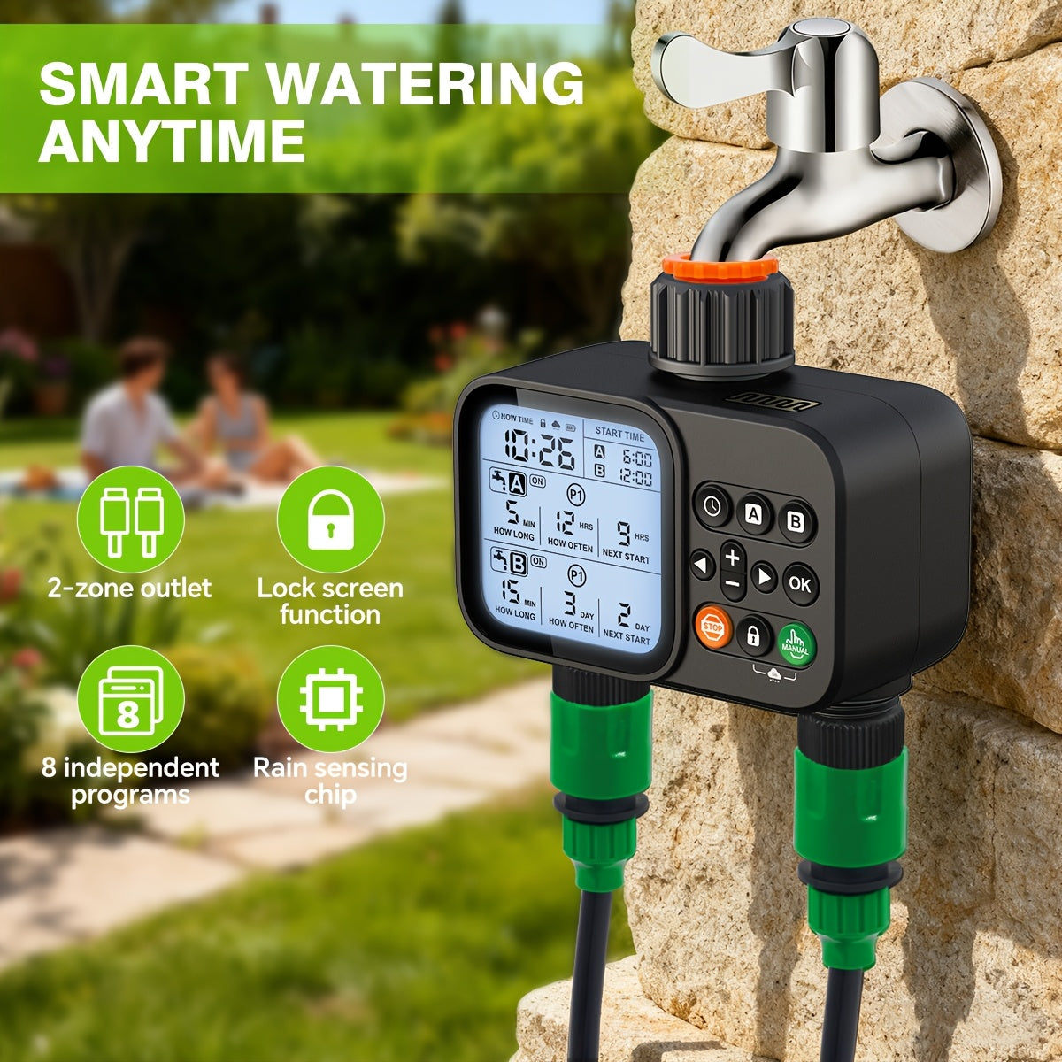 Automatic Drip Irrigation Timer Smart Garden Watering Controller 2-Zone, for Garden, Lawn and Yard Watering