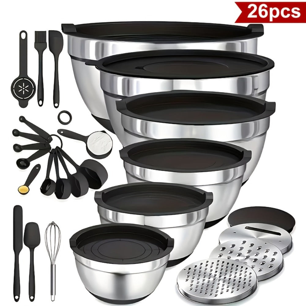 Stainless Steel Mixing Bowls with Airtight Lids 26pcs Set, 3 Grater Attachments, Bottoms, 7Qt 4Qt 2.5Qt 2Qt 1.5Qt 1Qt