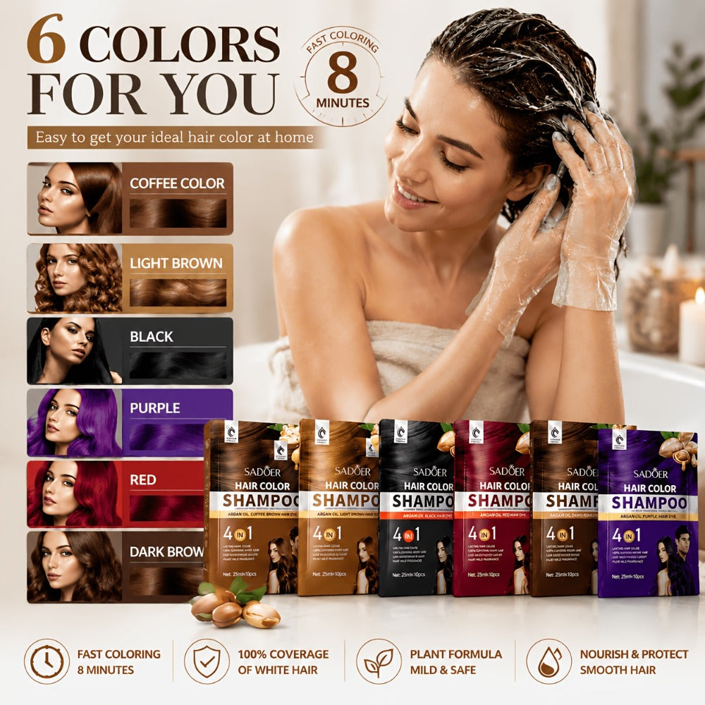 3-in-1 Hair Color Shampoo 10-Pack Single-Use Sachets Natural Dye Deep Cleansing Gel for Bath Time, Home Spa and Personal Care
