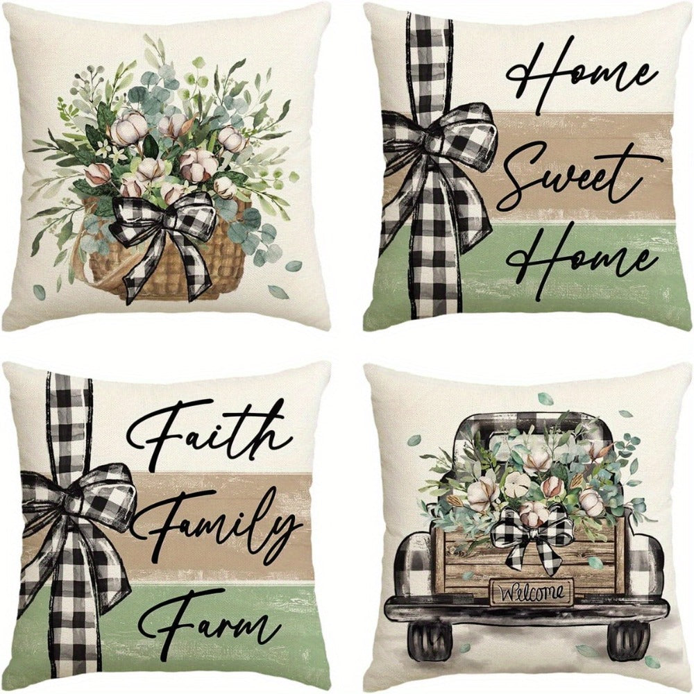 Four-Piece 18 x 18-Inch Farmhouse Botanical Throw Pillow Cover Set with Eucalyptus and Plaid Prints