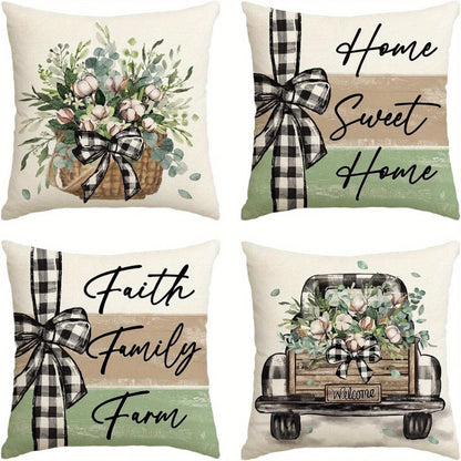 Four-Piece 18 x 18-Inch Farmhouse Botanical Throw Pillow Cover Set with Eucalyptus and Plaid Prints