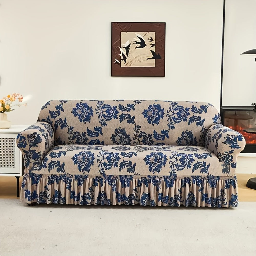 Sofa Cover Dark Blue Printed Skirt Slipcover with High-Elasticity Fiber and Fixing Rods with Model-Specific Size and Color Options
