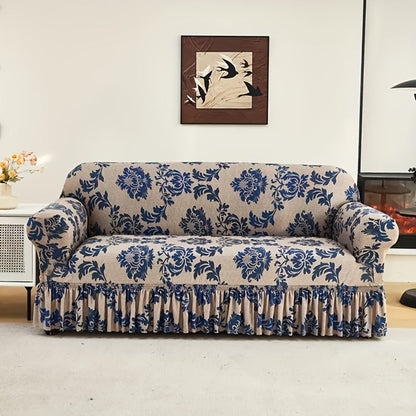 Sofa Cover Dark Blue Printed Skirt Slipcover with High-Elasticity Fiber and Fixing Rods with Model-Specific Size and Color Options
