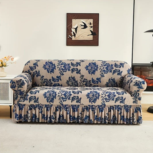 Sofa Cover Dark Blue Printed Skirt Slipcover with High-Elasticity Fiber and Fixing Rods with Model-Specific Size and Color Options