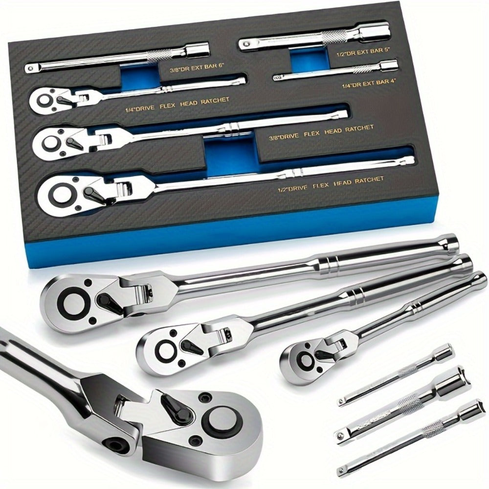 6-Piece Ratchet Wrench Set 1/4" 3/8" 1/2" Drive – Rotating Head Ratchet with Extension Bar, Chrome-Plated Stainless Steel