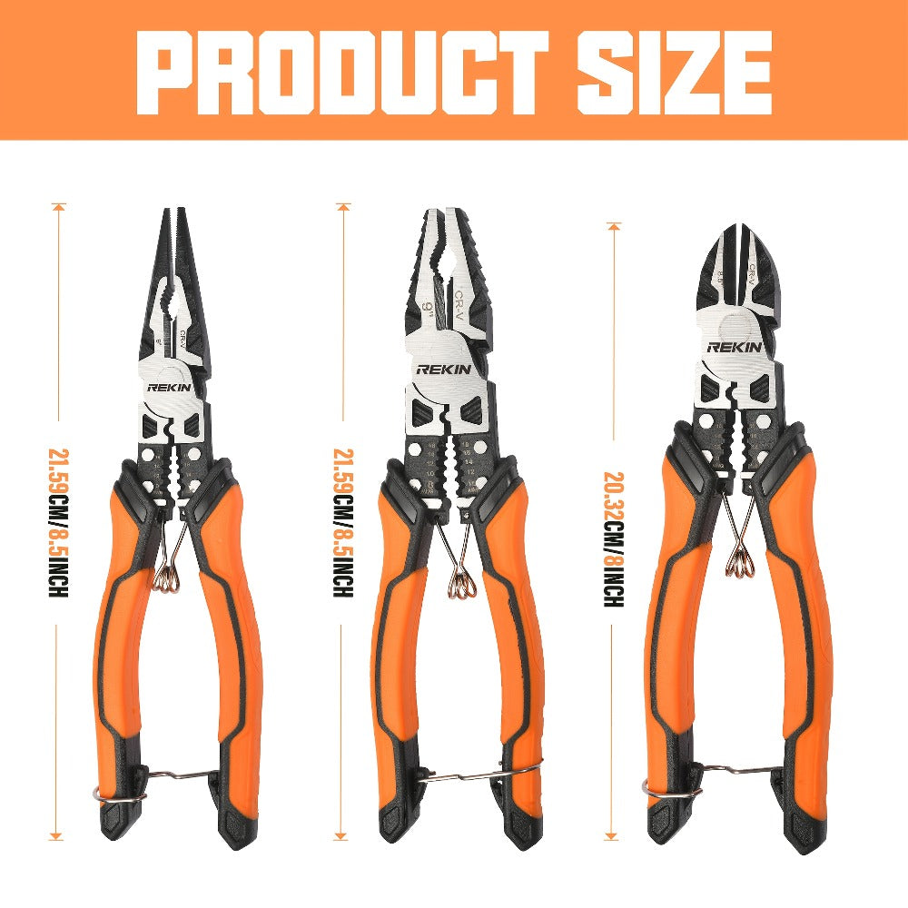 Pliers Set 9-in-1 Multi-Function Industrial Grade, 8.5" Lineman Pliers, 8.5" Long Nose Pliers, 8" Diagonal Side Cutters