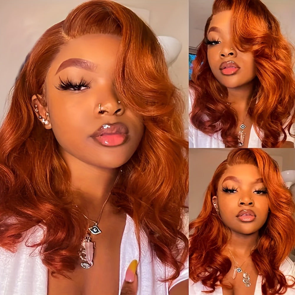 Lace Front Wig Ginger-Orange Body Wave Human Hair, 14- or 20-Inch Style with 4x4 Closure and 150% Density