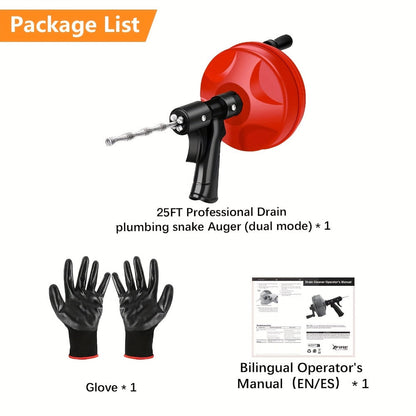 Drain Snake Auger 25ft with Drill Adapter – Manual & Drill-Powered Plumbing Snake, 1/4" Spiral Head for 1-1/4" to 3" Pipes