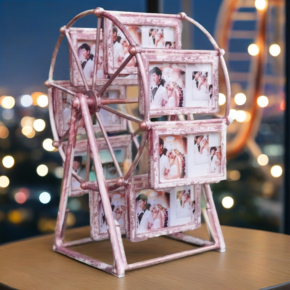 Rotating Ferris Wheel Photo Frame - Holds 8 Photos 4 inch - Vintage Spinning Picture Display Stand for Desk