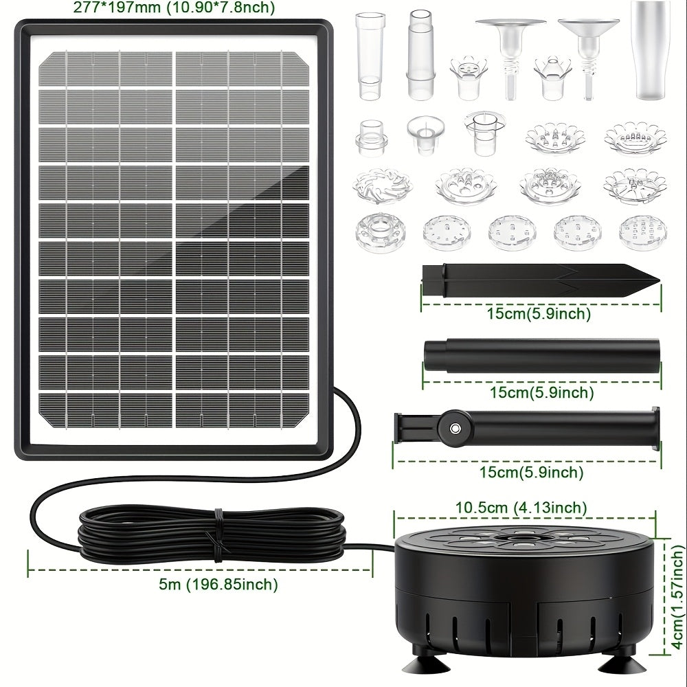 LED Solar Fountain Pump with 10W Separate-Panel and Round Disc Options, Eight Lights and Spray Fittings