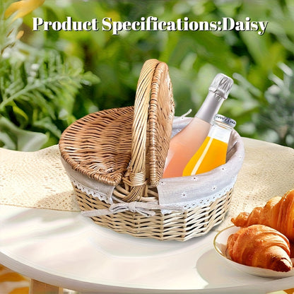 Covered Wicker Picnic Hamper with Twin Lid Panels in Red Plaid or Daisy Pattern Textile Styles