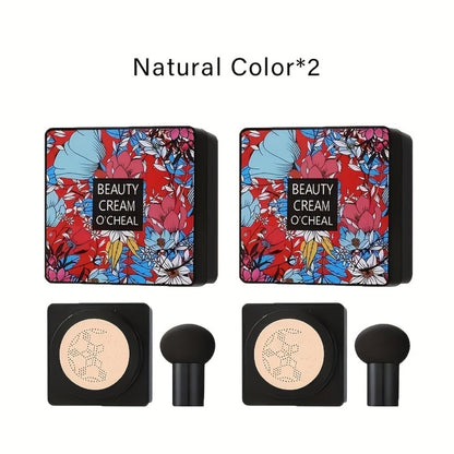 BB CC Cream 2 Pack with Mushroom Air Cushion Puff, Full Coverage Lightweight Makeup Base, Moisture-Retaining Dewy Finish Foundation