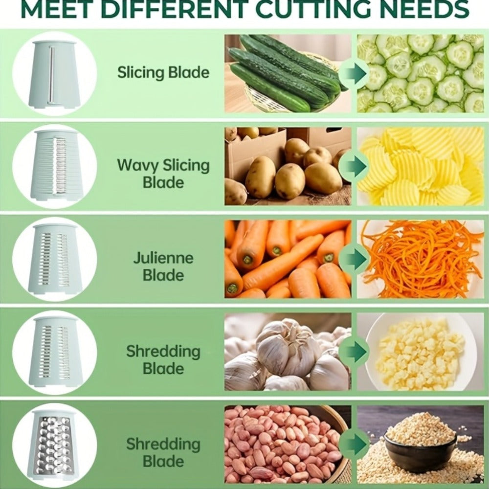 Rotary Cheese Grater with Interchangeable Blades, 5-in-1 Manual Vegetable Slicer Shredder Set, Suction Cup Base