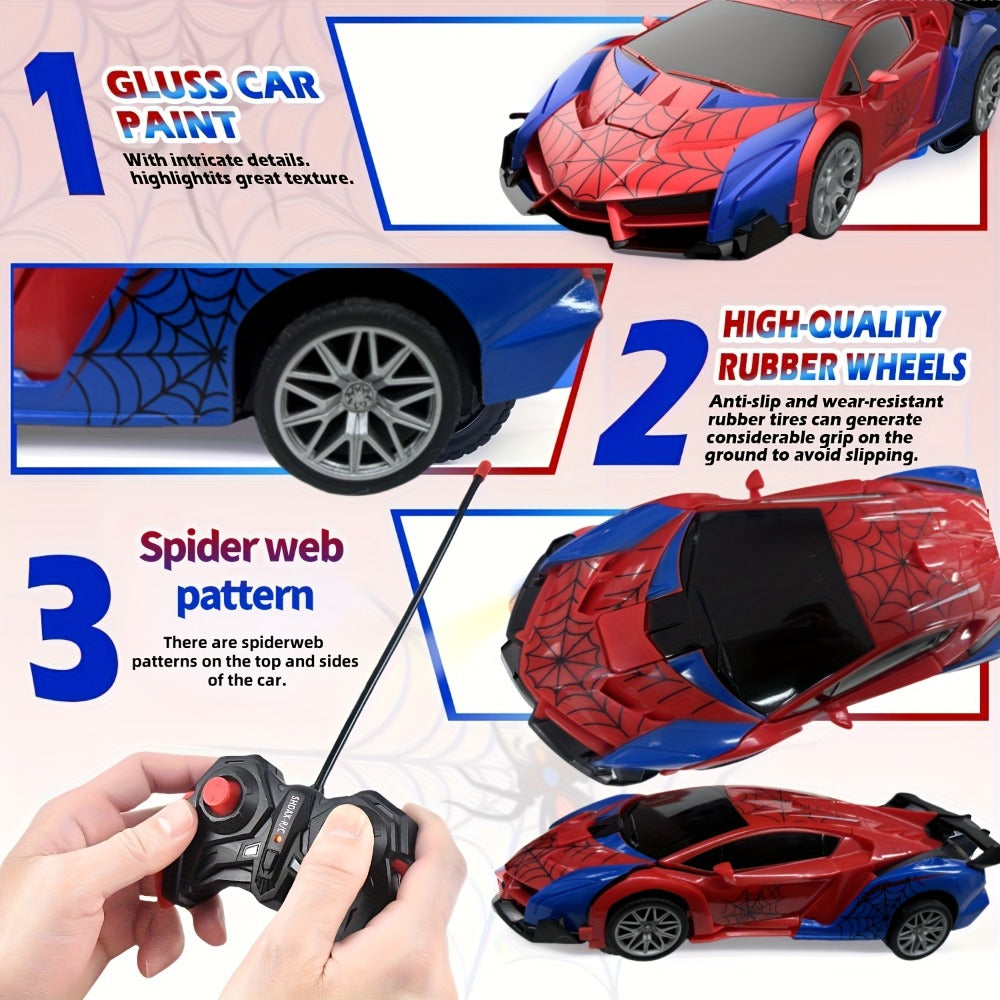 Spider Robot RC Car for Kids 1:18 with LED Lights, One-Button Transform Police Car Stunt Toy