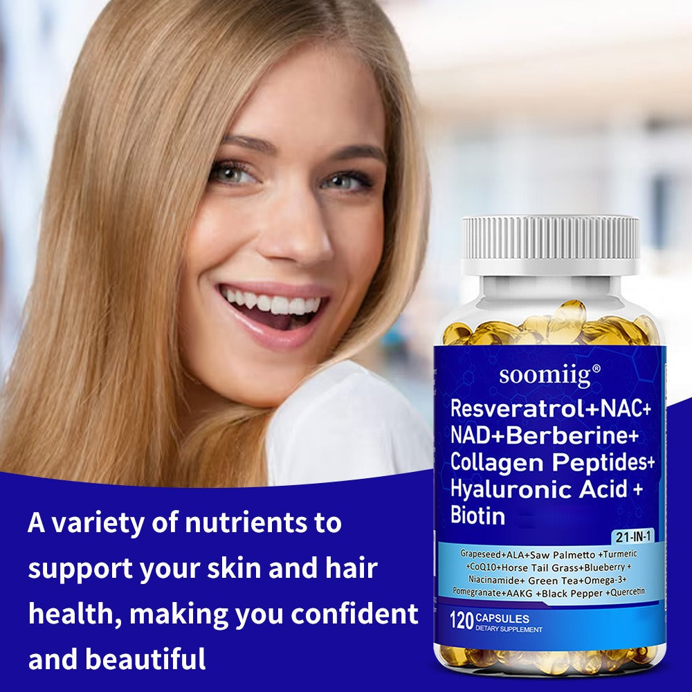 Resveratrol & NAC Supplement 120 Capsules with NAD, Collagen Peptides, Hyaluronic Acid, CoQ10, Quercetin & Omega-3