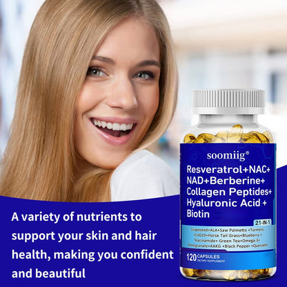 Resveratrol & NAC Supplement 120 Capsules with NAD, Collagen Peptides, Hyaluronic Acid, CoQ10, Quercetin & Omega-3