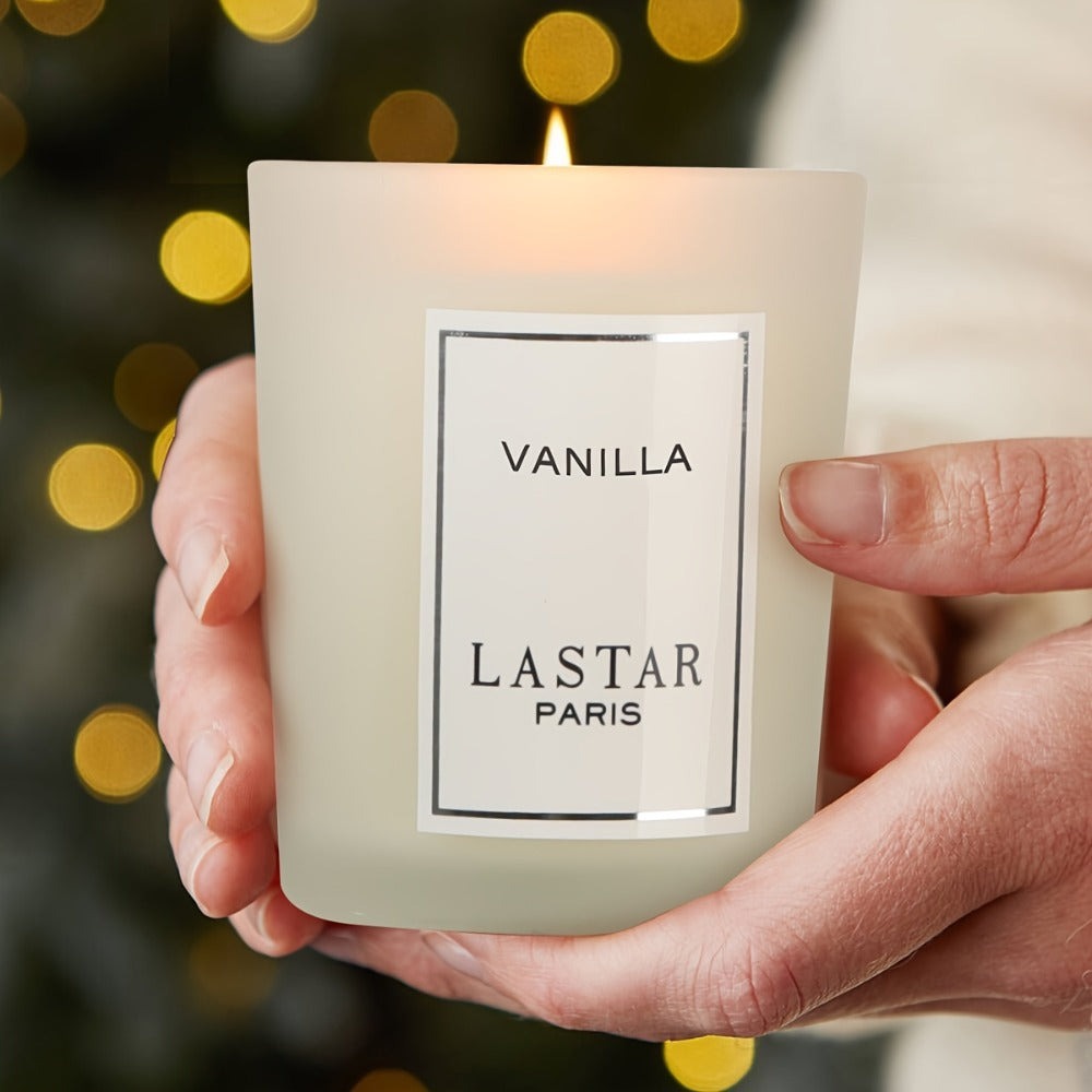 LASTAR Vanilla Scented Candle, 70g Frosted Round Glass Jar with 2.4 oz Marking and Pictured Carton