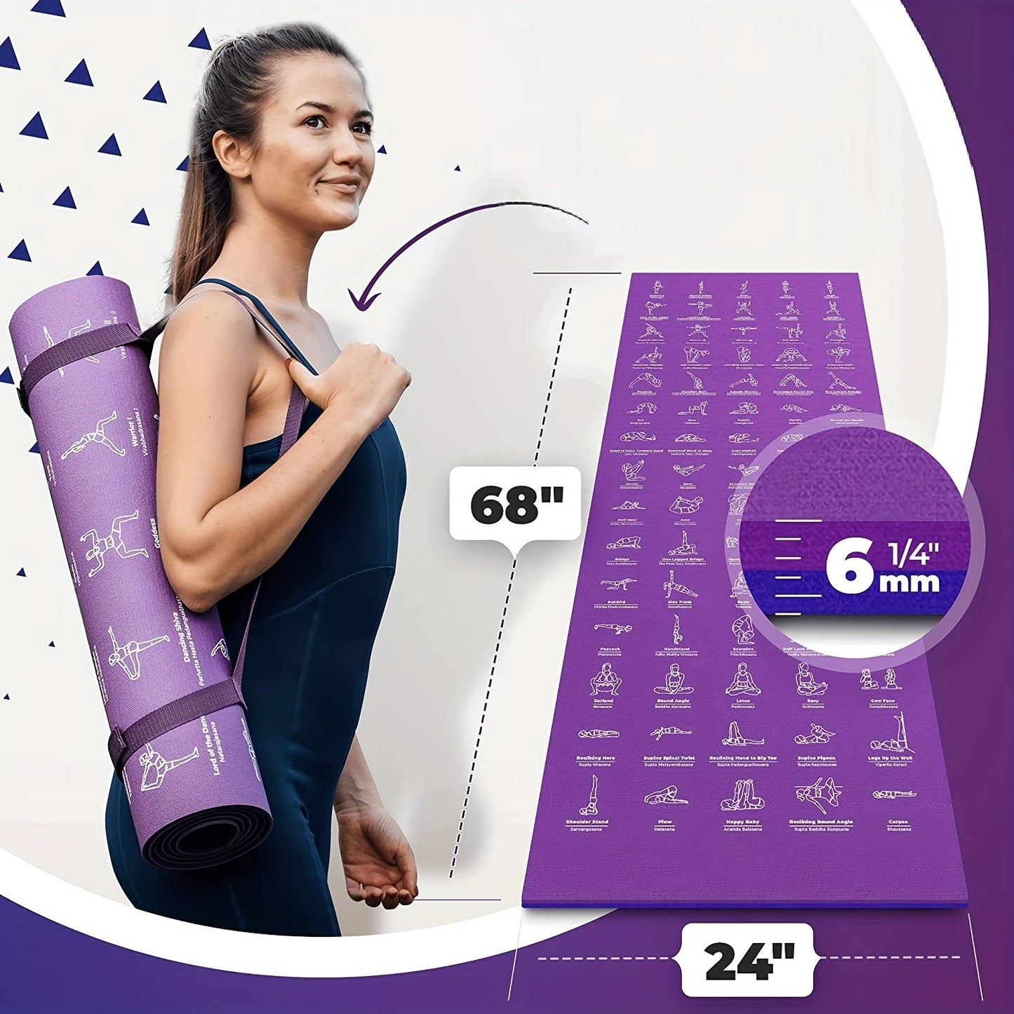 Yoga Mat with 75 Yoga Pose Illustrations & Side Storage Bag – Non-Slip Extra Thick Flexible Durable Exercise Mat for Beginners Men Women