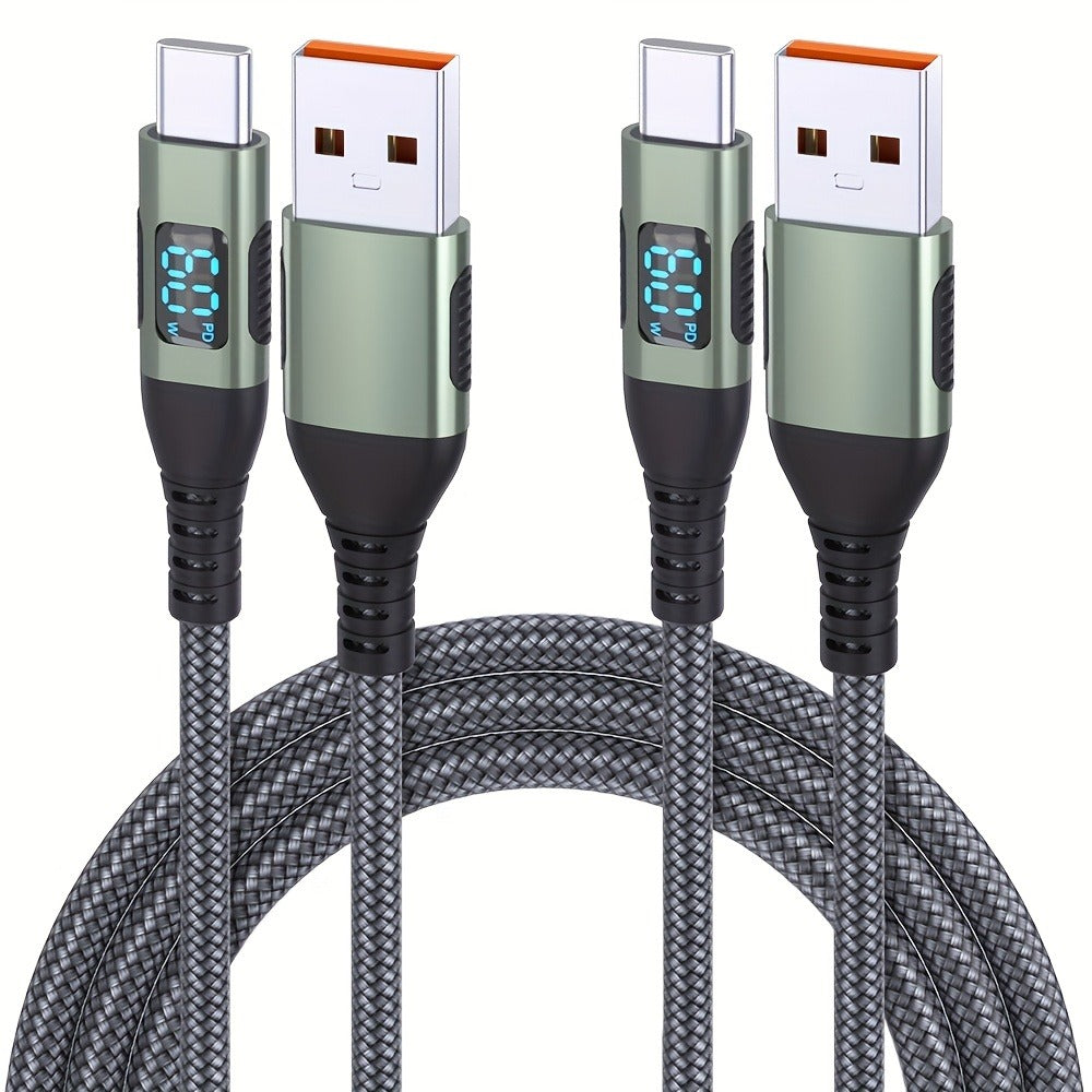 USB-A to USB-C Cable with LED Digital Display, 3A Fast Charging & 480Mbps Data Sync, Nylon Braided Anti-Overheat