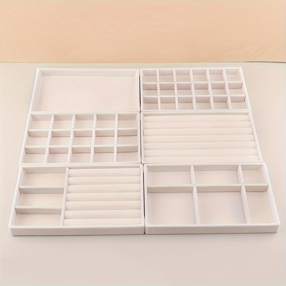 Stackable Jewelry Organizer Trays 6-Piece Set – Rectangular Multi-Compartment Drawer Inserts with Removable Dividers for Earrings, Rings