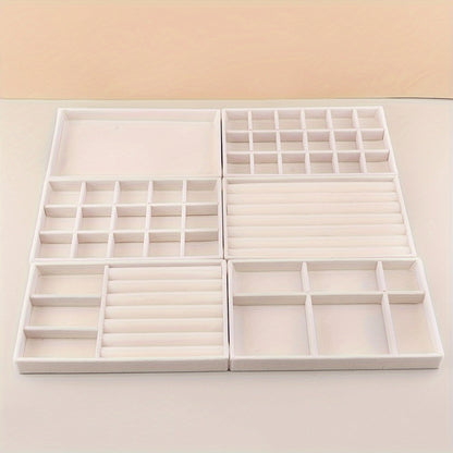 Stackable Jewelry Organizer Trays 6-Piece Set – Rectangular Multi-Compartment Drawer Inserts with Removable Dividers for Earrings, Rings