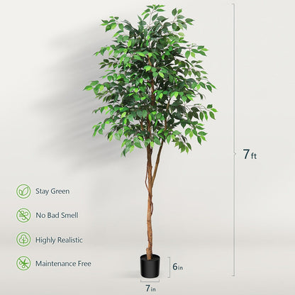 Artificial Ficus Tree with Braided Trunk, Full Green Canopy, Black Pot and 4, 5 or 6 ft Height Options
