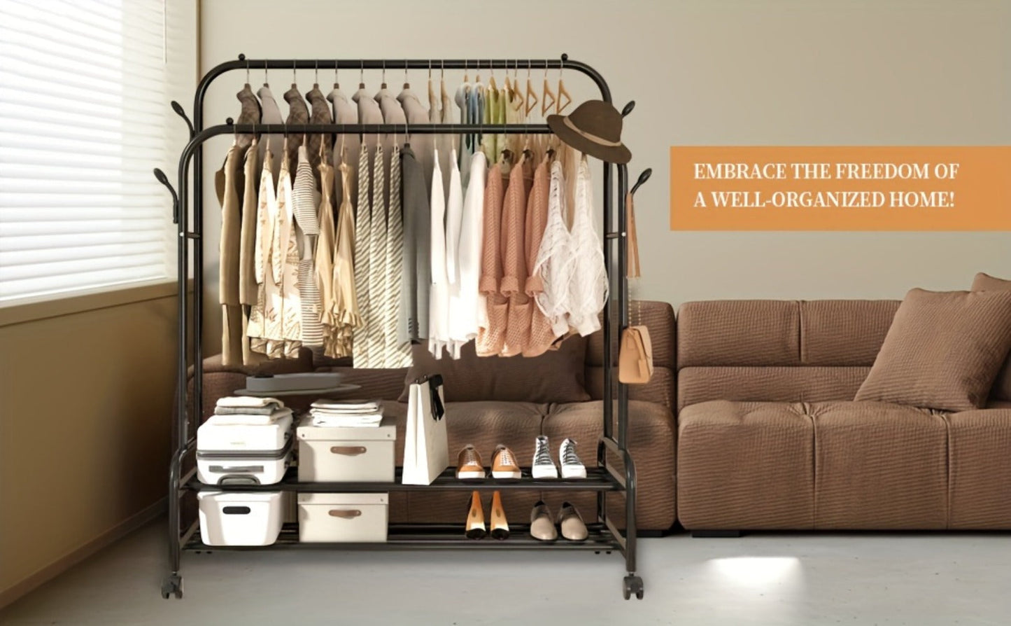 Double Rod Clothes Rack with Wheels Metal Garment Rack with Shelves and Hooks Portable Closet Organizer for Bedroom Living Room Gold