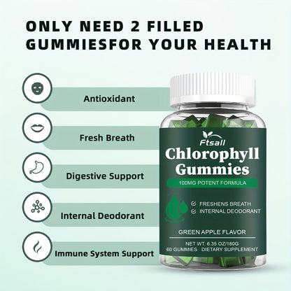 Chlorophyll Gummies 60 Count with Vitamin C D3 E B12 Zinc Irish Sea Moss Elderberry Echinacea & Apple Cider Vinegar