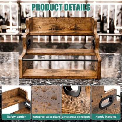 Wood Wine Rack 3 Tier Countertop Liquor Bottle Display Shelf | Solid Wood Bar Organizer for Whiskey Spirits Coffee Syrup Spices | Retro Mini