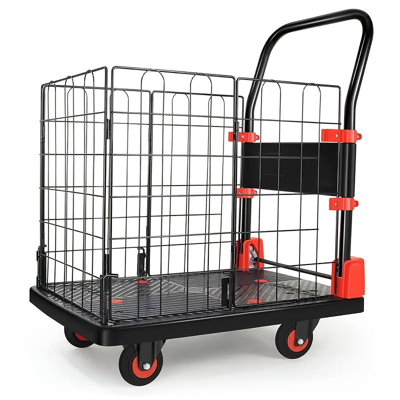 Folding Platform Cart with Removable Cage & Silent Wheels, 400-, Anti-Skid Deck, Telescopic Handle for Moving