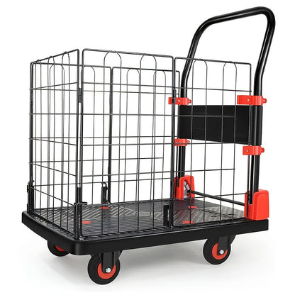 Folding Platform Cart with Removable Cage & Silent Wheels, 400-, Anti-Skid Deck, Telescopic Handle for Moving
