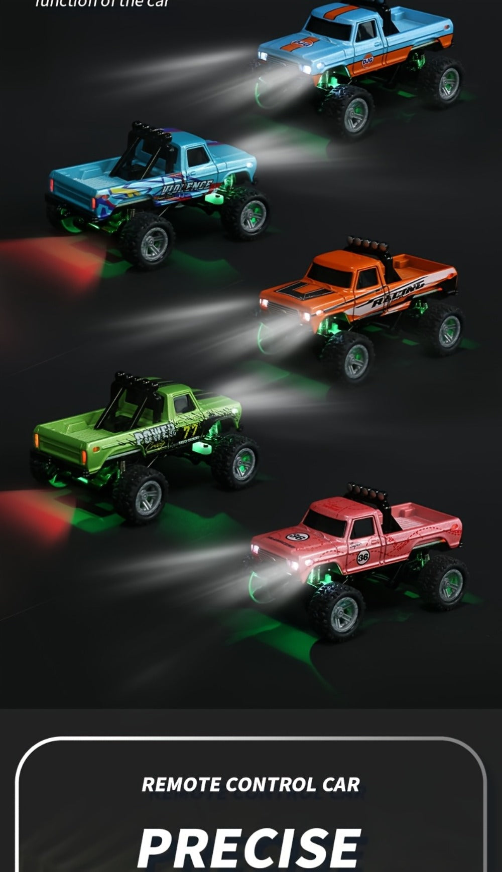 Mini RC Monster Truck 1:64 Scale with Matching Trailer, 2.4GHz Controller, LED Details and Three Color Options
