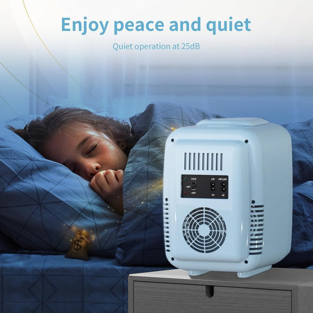 Mini Fridge 4 Liter 6 Cans - Thermoelectric Cooler and Warmer, 110V AC & 12V DC Portable Small Refrigerator for Bedroom