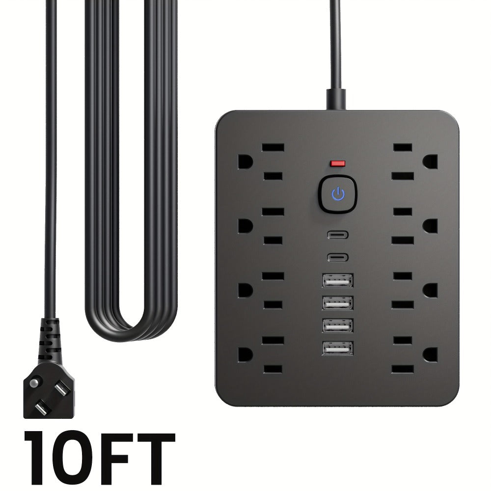 Power Strip Flat-Plug Wall-Mount 14-in-1 with 8 AC Outlets, 4 USB-A, 2 USB-C and 5- or 10-Foot Cord