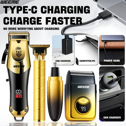 Men's Grooming Kit USB Rechargeable Hair Clipper Set with Nose Trimmer Electric Shaver Detail Trimmer 8 Limit Combs Professional Haircut Kit