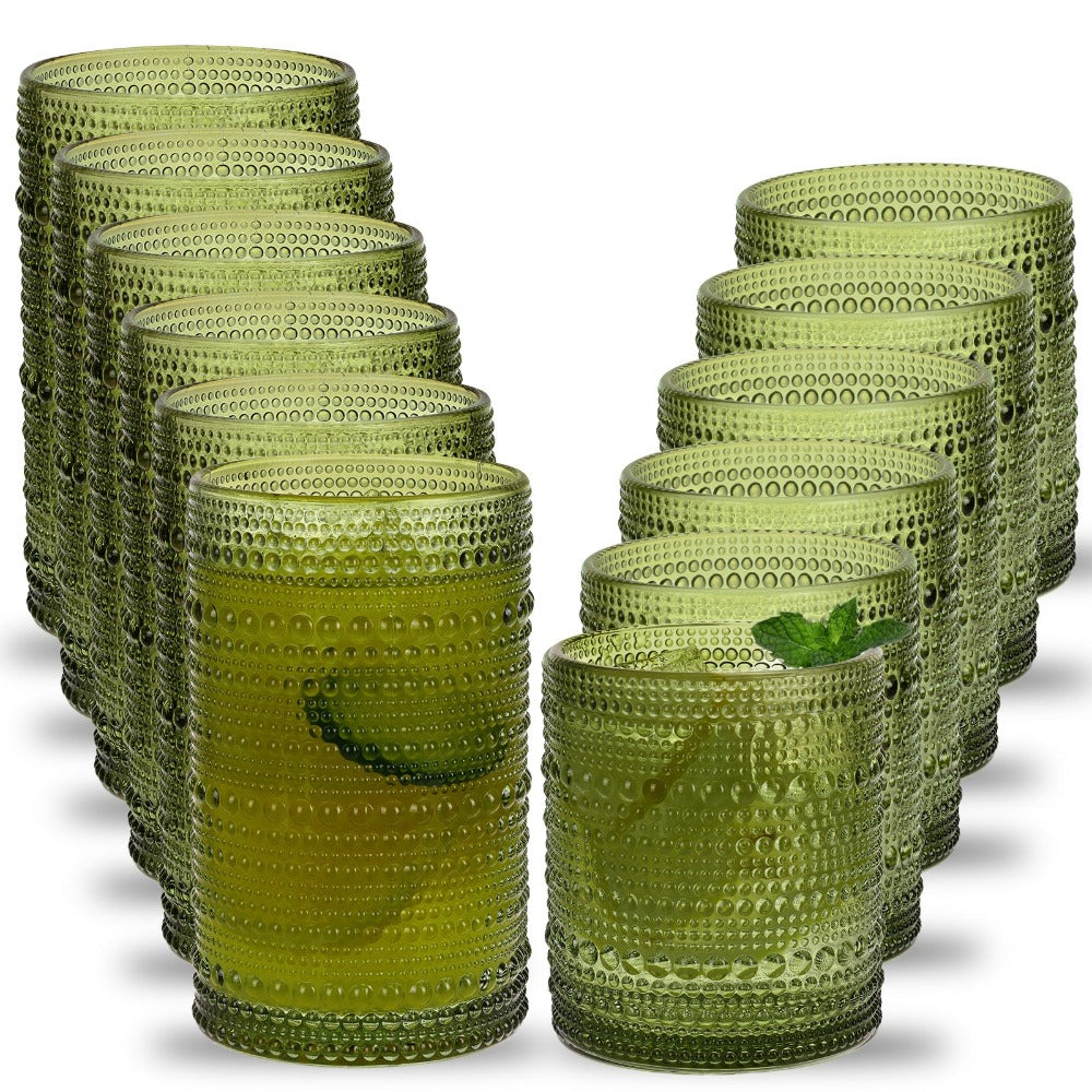 Hobnail Drinking Glasses Set 12pcs, 12oz Highball & 10oz Cocktail Vintage Embossed Boho Glassware for Beer